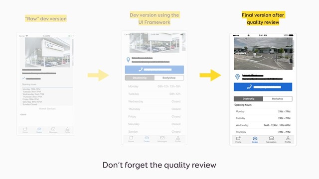 Don’t forget the quality review
“Raw” dev version
Dev version using the
UI Framework
Final version after
quality review
100%
9:41 AM
BMW
Louyet Mons
Rue des Sandrinettes, 48, 7033 Mons
+ 32 (63) 23 05 60
Dealership Bodyshop
7AM - 7PM
Tuesday
7AM - 7PM
Monday
7AM - 12AM 1PM-6PM
Wednesday
7AM - 7PM
Thursday
7AM - 7PM
Friday
7AM - 7PM
Saturday
Opening hours
