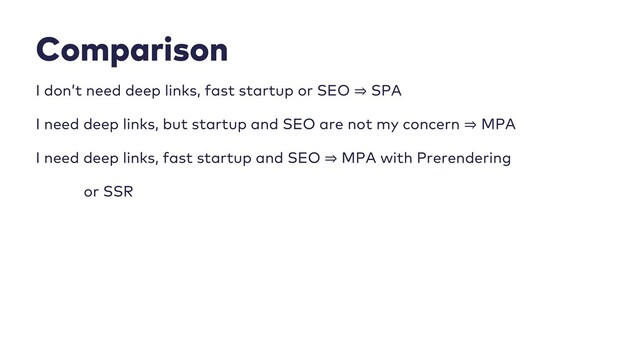 Comparison
I don’t need deep links, fast startup or SEO ⇒ SPA
I need deep links, but startup and SEO are not my concern ⇒ MPA
I need deep links, fast startup and SEO ⇒ MPA with Prerendering
or SSR
