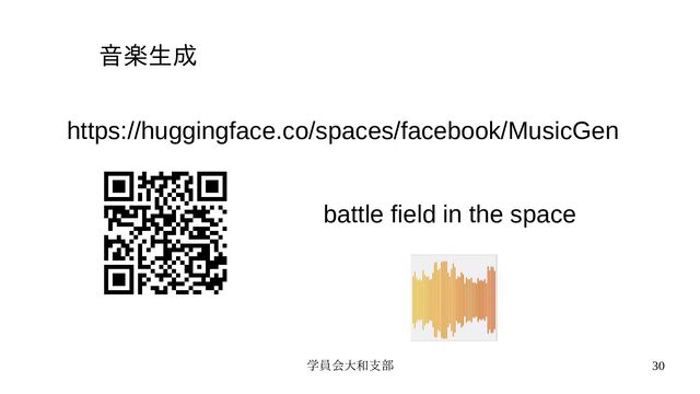 学員会大和支部 30
音楽生成
https://huggingface.co/spaces/facebook/MusicGen
battle field in the space

