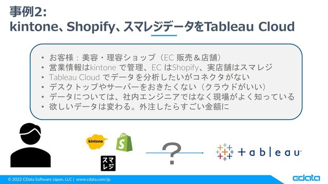 © 2022 CData Software Japan, LLC | www.cdata.com/jp
事例2:
kintone、Shopify、スマレジデータをTableau Cloud
• お客様：美容・理容ショップ（EC 販売＆店舗）
• 営業情報はkintone で管理、EC はShopify、実店舗はスマレジ
• Tableau Cloud でデータを分析したいがコネクタがない
• デスクトップやサーバーをおきたくない（クラウドがいい）
• データについては、社内エンジニアではなく現場がよく知っている
• 欲しいデータは変わる。外注したらすごい金額に
？
