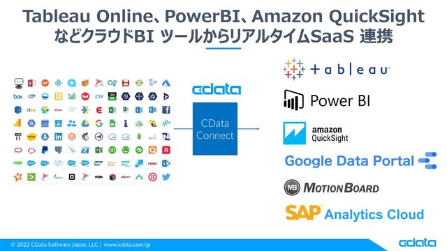 © 2022 CData Software Japan, LLC | www.cdata.com/jp
Tableau Online、PowerBI、Amazon QuickSight
などクラウドBI ツールからリアルタイムSaaS 連携
CData
Connect
