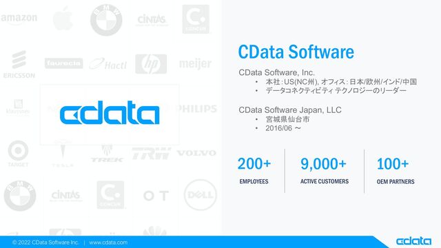 EMPLOYEES
200+
ACTIVE CUSTOMERS
9,000+
OEM PARTNERS
100+
© 2022 CData Software Inc. | www.cdata.com
CData Software
CData Software, Inc.
• 本社：US(NC州), オフィス：日本/欧州/インド/中国
• データコネクティビティ テクノロジーのリーダー
CData Software Japan, LLC
• 宮城県仙台市
• 2016/06 〜
