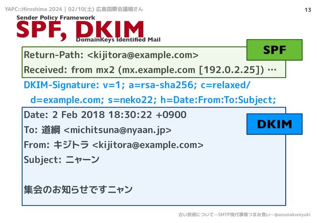 YAPC::Hiroshima 2024 | 02/10(土) 広島国際会議場さん
古い技術について—SMTP現代事情つまみ食い—@azumakuniyuki
13
SPF, DKIM
Return-Path: 
Received: from mx2 (mx.example.com [192.0.2.25]) …
DKIM-Signature: v=1; a=rsa-sha256; c=relaxed/
d=example.com; s=neko22; h=Date:From:To:Subject;
Date: 2 Feb 2018 18:30:22 +0900
To: 道綱 
From: キジトラ 
Subject: ニャーン
集会のお知らせですニャン
SPF
DKIM
Sender Policy Framework
DomainKeys Identiﬁed Mail
