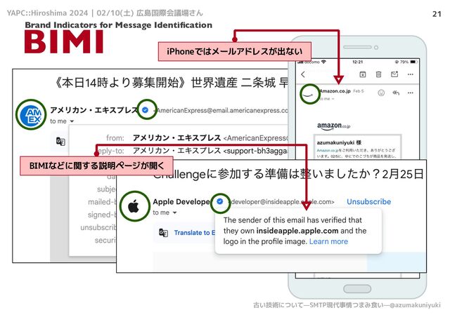 YAPC::Hiroshima 2024 | 02/10(土) 広島国際会議場さん
古い技術について—SMTP現代事情つまみ食い—@azumakuniyuki
21
BIMI
iPhoneではメールアドレスが出ない
BIMIなどに関する説明ページが開く
Brand Indicators for Message Identiﬁcation
