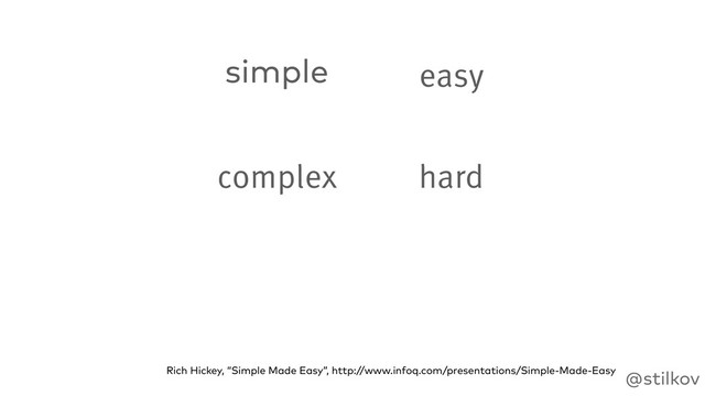 @stilkov
simple
complex
easy
hard
Rich Hickey, “Simple Made Easy”, http://www.infoq.com/presentations/Simple-Made-Easy
