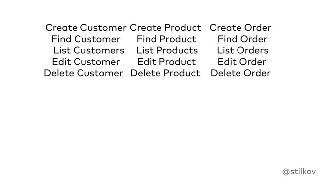 @stilkov
Create Customer
Find Customer
List Customers
Edit Customer
Delete Customer
Create Order
Find Order
List Orders
Edit Order
Delete Order
Create Product
Find Product
List Products
Edit Product
Delete Product

