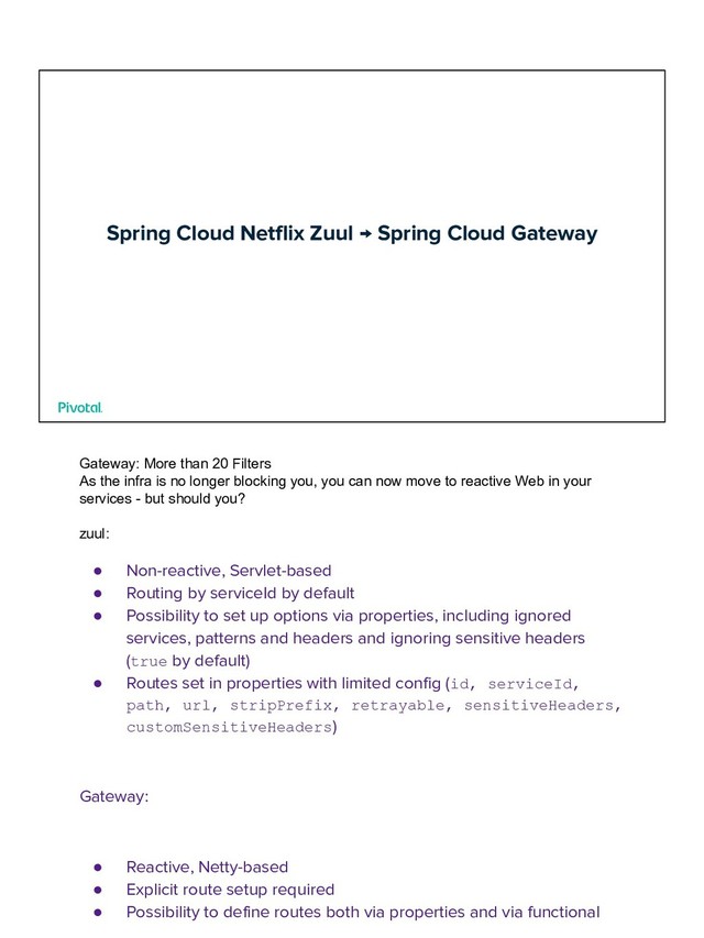 Spring Cloud Netflix Zuul → Spring Cloud Gateway
Gateway: More than 20 Filters
As the infra is no longer blocking you, you can now move to reactive Web in your
services - but should you?
zuul:
● Non-reactive, Servlet-based
● Routing by serviceId by default
● Possibility to set up options via properties, including ignored
services, patterns and headers and ignoring sensitive headers
(true by default)
● Routes set in properties with limited config (id, serviceId,
path, url, stripPrefix, retrayable, sensitiveHeaders,
customSensitiveHeaders)
Gateway:
● Reactive, Netty-based
● Explicit route setup required
● Possibility to define routes both via properties and via functional
