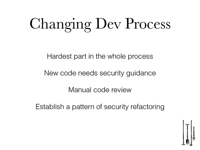 Changing Dev Process
Hardest part in the whole process
New code needs security guidance
Manual code review
Establish a pattern of security refactoring
