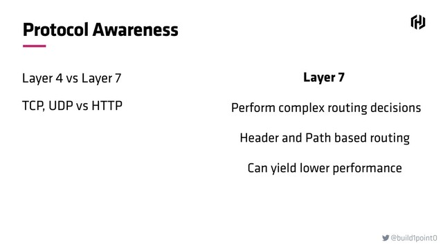 @build1point0

Protocol Awareness
Layer 4 vs Layer 7
TCP, UDP vs HTTP Perform complex routing decisions
Header and Path based routing
Can yield lower performance
Layer 7
