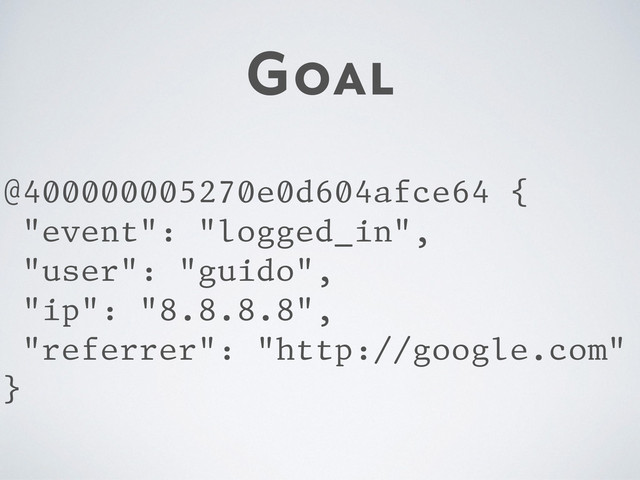 Goal
@400000005270e0d604afce64 {
"event": "logged_in",
"user": "guido",
"ip": "8.8.8.8",
"referrer": "http://google.com"
}
