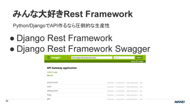 みんな大好きRest Framework
22
● Django Rest Framework
● Django Rest Framework Swagger
Python/DjangoでAPI作るなら圧倒的な生産性
