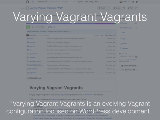 Varying Vagrant Vagrants
“Varying Vagrant Vagrants is an evolving Vagrant
conﬁguration focused on WordPress development.”
