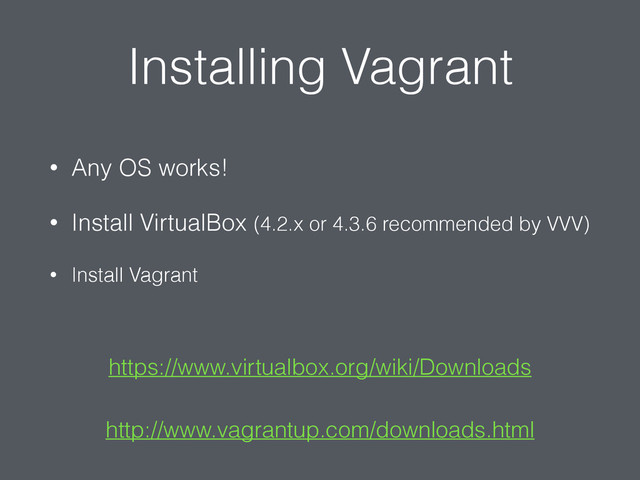 Installing Vagrant
• Any OS works!
• Install VirtualBox (4.2.x or 4.3.6 recommended by VVV)
• Install Vagrant
http://www.vagrantup.com/downloads.html
https://www.virtualbox.org/wiki/Downloads
