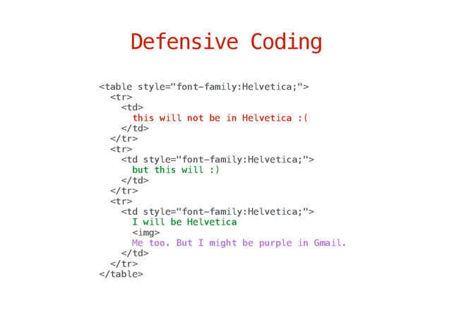 Defensive Coding



this will not be in Helvetica :(




but this will :)




I will be Helvetica
<img>
Me too. But I might be purple in Gmail.



