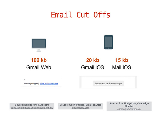 Email Cut Offs
Source: Neil Bursnoll, Adestra
adestra.com/avoid-gmail-clipping-emails
Source: Geoff Phillips, Email on Acid
emailonacid.com
102 kb
Gmail Web
Source: Ros Hodgekiss, Campaign
Monitor
campaignmonitor.com
20 kb
Gmail iOS
15 kb
Mail iOS
