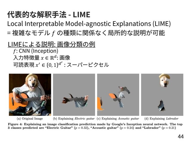 代表的な解釈⼿法 - LIME
44
Local Interpretable Model-agnostic Explanations (LIME)
= 複雑なモデル  の種類に関係なく局所的な説明が可能
LIMEによる説明: 画像分類の例
: CNN (Inception)
⼊⼒特徴量  ∈ ℝ(: 画像
可読表現 ) ∈ 0, 1 ("
: スーパーピクセル
