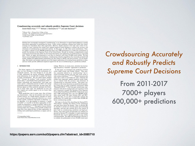 7000+ players
600,000+ predictions
From 2011-2017
https://papers.ssrn.com/sol3/papers.cfm?abstract_id=3085710
Crowdsourcing Accurately
and Robustly Predicts
Supreme Court Decisions
