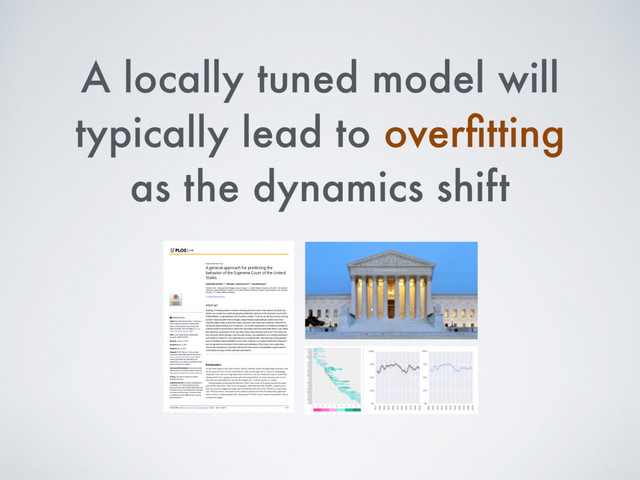 A locally tuned model will
typically lead to overﬁtting
as the dynamics shift
RESEARCH ARTICLE
A general approach for predicting the
behavior of the Supreme Court of the United
States
Daniel Martin Katz1,2*, Michael J. Bommarito II1,2, Josh Blackman3
1 Illinois Tech - Chicago-Kent College of Law, Chicago, IL, United States of America, 2 CodeX - The Stanford
Center for Legal Informatics, Stanford, CA, United States of America, 3 South Texas College of Law Houston,
Houston, TX, United States of America
* dkatz3@kentlaw.iit.edu
Abstract
Building on developments in machine learning and prior work in the science of judicial pre-
diction, we construct a model designed to predict the behavior of the Supreme Court of the
United States in a generalized, out-of-sample context. To do so, we develop a time-evolving
random forest classifier that leverages unique feature engineering to predict more than
240,000 justice votes and 28,000 cases outcomes over nearly two centuries (1816-2015).
Using only data available prior to decision, our model outperforms null (baseline) models at
both the justice and case level under both parametric and non-parametric tests. Over nearly
two centuries, we achieve 70.2% accuracy at the case outcome level and 71.9% at the jus-
tice vote level. More recently, over the past century, we outperform an in-sample optimized
null model by nearly 5%. Our performance is consistent with, and improves on the general
level of prediction demonstrated by prior work; however, our model is distinctive because it
can be applied out-of-sample to the entire past and future of the Court, not a single term.
Our results represent an important advance for the science of quantitative legal prediction
and portend a range of other potential applications.
Introduction
As the leaves begin to fall each October, the first Monday marks the beginning of another term
for the Supreme Court of the United States. Each term brings with it a series of challenging,
important cases that cover legal questions as diverse as tax law, freedom of speech, patent law,
administrative law, equal protection, and environmental law. In many instances, the Court’s
decisions are meaningful not just for the litigants per se, but for society as a whole.
Unsurprisingly, predicting the behavior of the Court is one of the great pastimes for legal
and political observers. Every year, newspapers, television and radio pundits, academic jour-
nals, law reviews, magazines, blogs, and tweets predict how the Court will rule in a particular
case. Will the Justices vote based on the political preferences of the President who appointed
them or form a coalition along other dimensions? Will the Court counter expectations with an
unexpected ruling?
PLOS ONE | https://doi.org/10.1371/journal.pone.0174698 April 12, 2017 1 / 18
a1111111111
a1111111111
a1111111111
a1111111111
a1111111111
OPEN ACCESS
Citation: Katz DM, Bommarito MJ, II, Blackman J
(2017) A general approach for predicting the
behavior of the Supreme Court of the United
States. PLoS ONE 12(4): e0174698. https://doi.
org/10.1371/journal.pone.0174698
Editor: Luı
´s A. Nunes Amaral, Northwestern
University, UNITED STATES
Received: January 17, 2017
Accepted: March 13, 2017
Published: April 12, 2017
Copyright: © 2017 Katz et al. This is an open
access article distributed under the terms of the
Creative Commons Attribution License, which
permits unrestricted use, distribution, and
reproduction in any medium, provided the original
author and source are credited.
Data Availability Statement: Data and replication
code are available on Github at the following URL:
https://github.com/mjbommar/scotus-predict-v2/.
Funding: The author(s) received no specific
funding for this work.
Competing interests: All Authors are Members of
a LexPredict, LLC which provides consulting
services to various legal industry stakeholders. We
received no financial contributions from LexPredict
or anyone else for this paper. This does not alter
our adherence to PLOS ONE policies on sharing
data and materials.
