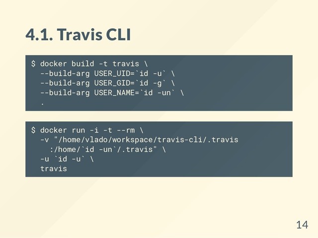 4.1. Travis CLI
$ docker build -t travis \
--build-arg USER_UID=`id -u` \
--build-arg USER_GID=`id -g` \
--build-arg USER_NAME=`id -un` \
.
$ docker run -i -t --rm \
-v "/home/vlado/workspace/travis-cli/.travis
:/home/`id -un`/.travis" \
-u `id -u` \
travis
14
