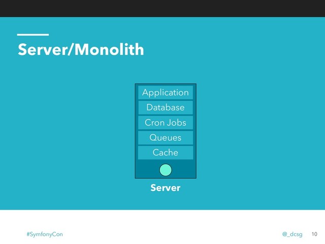 Server/Monolith
10
Database
Cron Jobs
Queues
Cache
Application
Server
#SymfonyCon @_dcsg

