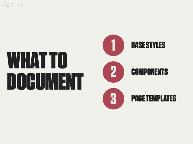 #RWDSummit
BASE STYLES
1
2 COMPONENTS
3 PAGE TEMPLATES
WHAT TO
DOCUMENT
