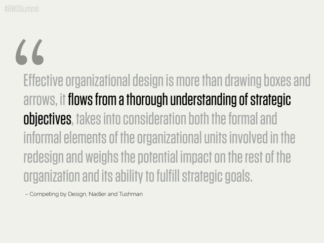 #RWDSummit
Effective organizational design is more than drawing boxes and
arrows, it flows from a thorough understanding of strategic
objectives, takes into consideration both the formal and
informal elements of the organizational units involved in the
redesign and weighs the potential impact on the rest of the
organization and its ability to fulfill strategic goals.
“
– Competing by Design, Nadler and Tushman
