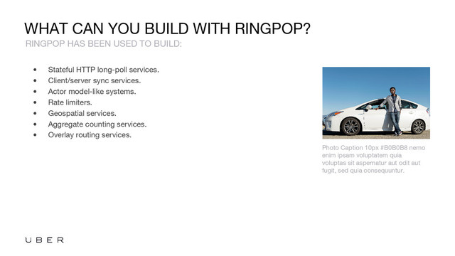 WHAT CAN YOU BUILD WITH RINGPOP?
• Stateful HTTP long-poll services.
• Client/server sync services.
• Actor model-like systems.
• Rate limiters.
• Geospatial services.
• Aggregate counting services.
• Overlay routing services.
RINGPOP HAS BEEN USED TO BUILD:
Photo Caption 10px #B0B0B8 nemo
enim ipsam voluptatem quia
voluptas sit aspernatur aut odit aut
fugit, sed quia consequuntur.
