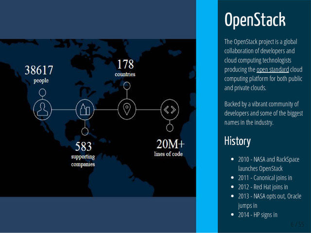 6 / 55
OpenStack
The OpenStack project is a global
collaboration of developers and
cloud computing technologists
producing the open standard cloud
computing platform for both public
and private clouds.
Backed by a vibrant community of
developers and some of the biggest
names in the industry.
History
2010 - NASA and RackSpace
launches OpenStack
2011 - Canonical joins in
2012 - Red Hat joins in
2013 - NASA opts out, Oracle
jumps in
2014 - HP signs in
