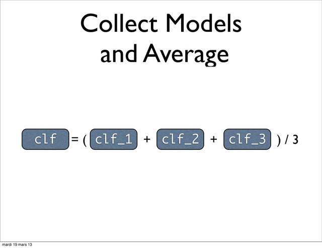Collect Models
and Average
clf = ( clf_1 + clf_2 + clf_3 ) / 3
mardi 19 mars 13
