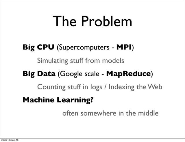 The Problem
Big CPU (Supercomputers - MPI)
Simulating stuff from models
Big Data (Google scale - MapReduce)
Counting stuff in logs / Indexing the Web
Machine Learning?
often somewhere in the middle
mardi 19 mars 13
