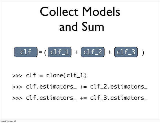 Collect Models
and Sum
clf = ( clf_1 + clf_2 + clf_3 )
>>> clf = clone(clf_1)
>>> clf.estimators_ += clf_2.estimators_
>>> clf.estimators_ += clf_3.estimators_
mardi 19 mars 13
