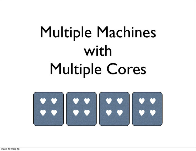 Multiple Machines
with
Multiple Cores
— —
— —
— —
— —
— —
— —
— —
— —
mardi 19 mars 13
