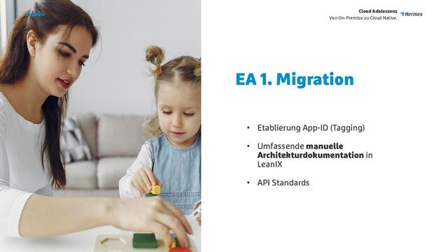 • Etablierung App-ID (Tagging)
• Umfassende manuelle
Architekturdokumentation in
LeanIX
• API Standards
Kindheit
5
Cloud Adoleszenz
Von On-Premise zu Cloud Native.
EA 1. Migration
