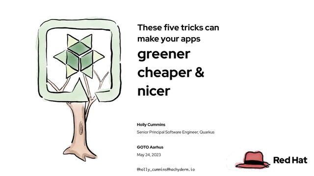 Holly Cummins


Senior Principal Software Engineer, Quarkus


GOTO Aarhus


May 24, 2023


@holly_cummins@hachyderm.io
These five tricks can
make your apps


greener


cheaper &


nicer
