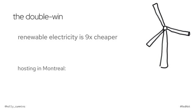 @holly_cummins #RedHat
the double-win
renewable electricity is 9x cheaper
hosting in Montreal:
