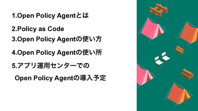 1.Open Policy Agentͱ͸
2.Policy as Code
3.Open Policy Agentͷ࢖͍ํ
4.Open Policy Agentͷ࢖͍ॴ
5.ΞϓϦӡ༻ηϯλʔͰͷ
Open Policy Agentͷಋೖ༧ఆ
