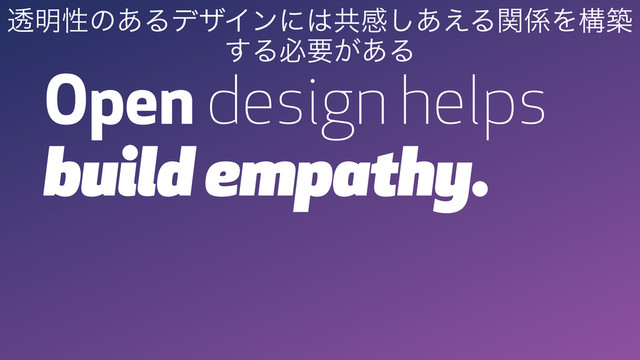Open design helps
build empathy.
ಁ໌ੑͷ͋ΔσβΠϯʹ͸ڞײ͋͑͠Δؔ܎Λߏங
͢Δඞཁ͕͋Δ
