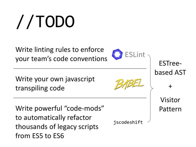 //TODO
Write linting rules to enforce
your team’s code conventions
ESTree-
based AST
+
Visitor
Pattern
Write your own javascript
transpiling code
Write powerful “code-mods”
to automatically refactor
thousands of legacy scripts
from ES5 to ES6
ESLint
jscodeshift
