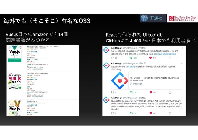 海外でも（そこそこ）有名なOSS
Vue.js日本のamazonでも14冊
関連書籍がみつかる
Reactで作られた UI toolkit,
GitHubにて4,400 Star 日本でも利用者多い
