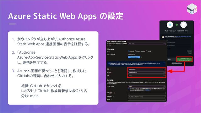 Azure Static Web Apps の設定
1. 別ウインドウが立ち上がり、
Authorize Azure
Static Web Apps 連携画面の表示を確認する。
2. 「Authorize
Azure-App-Service-Static-Web-Apps」をクリック
し、連携を完了する。
3. Azureへ画面が戻ったことを確認し、作成した
GitHubの環境に合わせて入力する。
組織: GitHub アカウント名
レポジトリ: GitHub 作成済新規レポジトリ名
分岐: main
