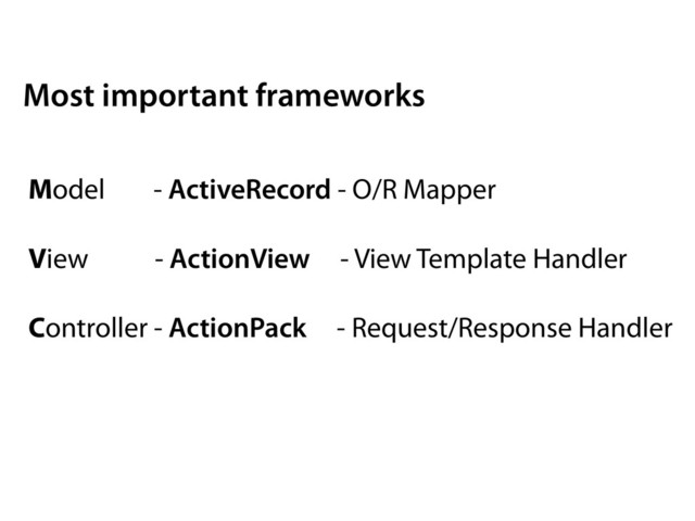 Model - ActiveRecord - O/R Mapper
View - ActionView - View Template Handler
Controller - ActionPack - Request/Response Handler
Most important frameworks
