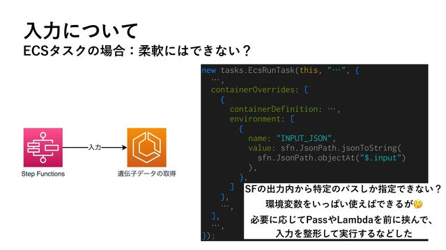 ೖྗʹ͍ͭͯ
&$4λεΫͷ৔߹ɿॊೈʹ͸Ͱ͖ͳ͍ʁ
new tasks.EcsRunTask(this, "…", {


…,


containerOverrides: [


{


containerDefinition: …,


environment: [


{


name: "INPUT_JSON",


value: sfn.JsonPath.jsonToString(


sfn.JsonPath.objectAt("$.input")


),


},


]


},


…,


],


…,


});
4'ͷग़ྗ಺͔Βಛఆͷύε͔͠ࢦఆͰ͖ͳ͍ʁ
؀ڥม਺Λ͍ͬͺ͍࢖͑͹Ͱ͖Δ͕🤔
ඞཁʹԠͯ͡1BTT΍-BNCEBΛલʹڬΜͰɺ
ೖྗΛ੔ܗ࣮ͯ͠ߦ͢ΔͳͲͨ͠
