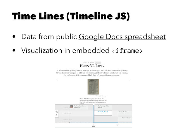 Time Lines (Timeline JS)
• Data from public Google Docs spreadsheet
• Visualization in embedded 
