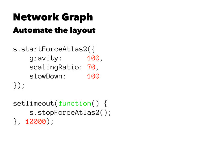 Network Graph
Automate the layout
s.startForceAtlas2({
gravity: 100,
scalingRatio: 70,
slowDown: 100
});
setTimeout(function() {
s.stopForceAtlas2();
}, 10000);
