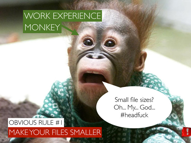 Small ﬁle sizes?
Oh... My... God...
#headfuck
MAKE YOUR FILES SMALLER
WORK EXPERIENCE
MONKEY
OBVIOUS RULE #1
