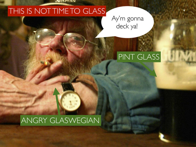 ANGRY GLASWEGIAN
PINT GLASS
Ay’m gonna
deck ya!
THIS IS NOT TIME TO GLASS
