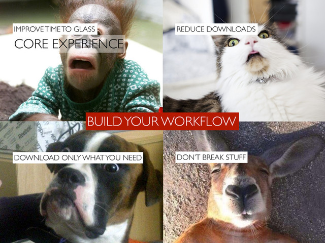 BUILD YOUR WORKFLOW
CORE EXPERIENCE
DOWNLOAD ONLY WHAT YOU NEED
REDUCE DOWNLOADS
IMPROVE TIME TO GLASS
DON’T BREAK STUFF
