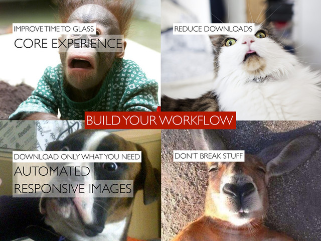 BUILD YOUR WORKFLOW
CORE EXPERIENCE
DOWNLOAD ONLY WHAT YOU NEED
REDUCE DOWNLOADS
IMPROVE TIME TO GLASS
DON’T BREAK STUFF
AUTOMATED
RESPONSIVE IMAGES
