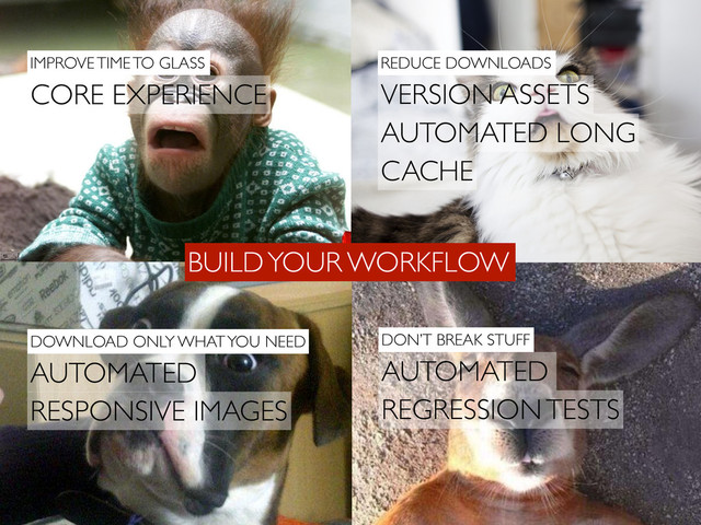 BUILD YOUR WORKFLOW
CORE EXPERIENCE
DOWNLOAD ONLY WHAT YOU NEED
REDUCE DOWNLOADS
VERSION ASSETS
IMPROVE TIME TO GLASS
DON’T BREAK STUFF
AUTOMATED
REGRESSION TESTS
AUTOMATED LONG
CACHE
AUTOMATED
RESPONSIVE IMAGES
