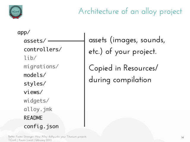 14
Better Faster Stronger: How Alloy daftpunks your Titanium projects
TiConf | Xavier Lacot | february 2013
Architecture of an alloy project
assets (images, sounds,
etc.) of your project.
Copied in Resources/
during compilation
app/
assets/
controllers/
lib/
migrations/
models/
styles/
views/
widgets/
alloy.jmk
README
config.json
